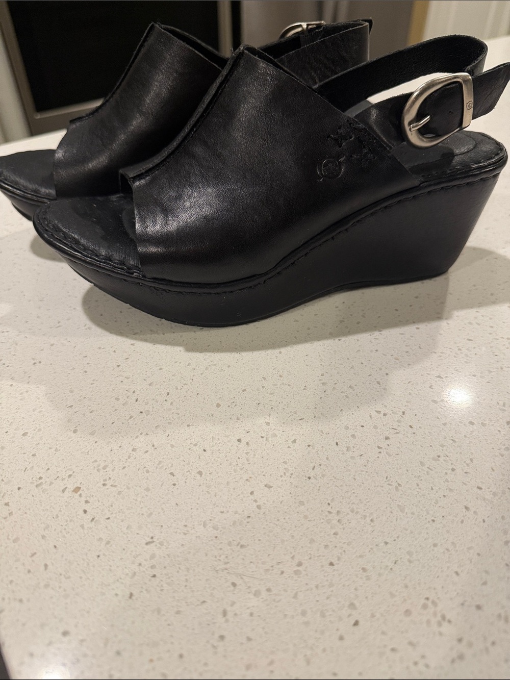 Born Black Leather Open-Toe Wedge Slingback Sandals. Size 7